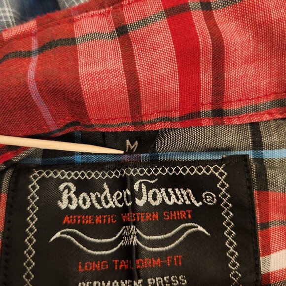 Border Town Pearl Snap Shirt Western Mens Medium Red Black Plaid Vintage - Picture 14 of 15
